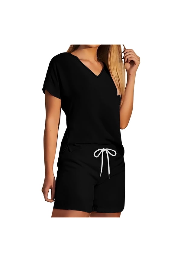 2 Piece Shorts Set for Women Loungewear Lounge Sets Slit V-Neck T-Shirt with Drawstring Short Pant