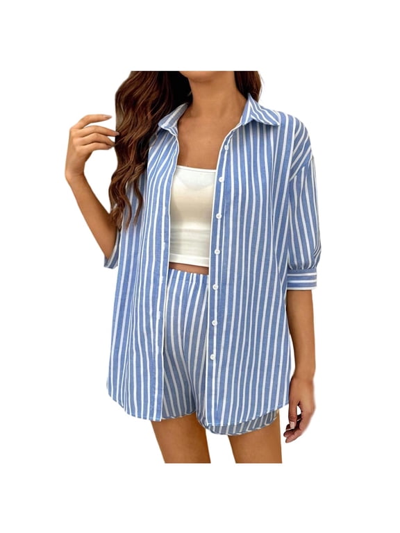 2 Piece Shorts Set for Women Maternity Outfits Lounge Short Sleeve Button Up Shirt & Shorts Pregnancy Clothes (2XL, Blue)