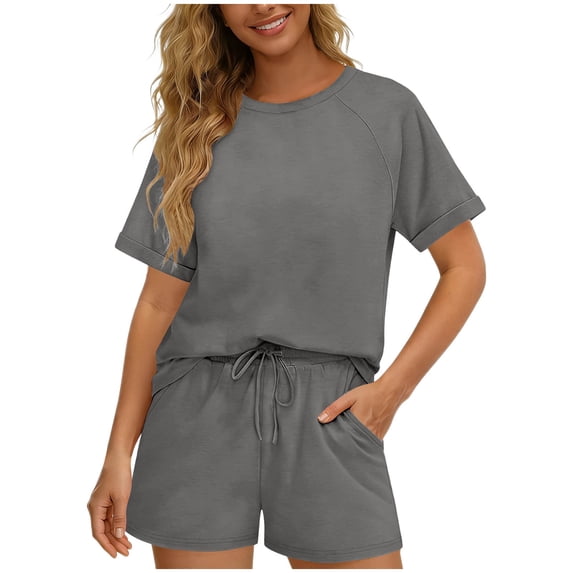 2 Piece Shorts Set for Women Summer Casual Loungewear Raglan Short Sleeve T-shirt Drawstring Shorts with Pockets (M, Gray)