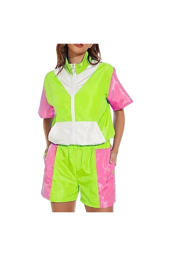2 Piece Shorts Set for Women UinsexZip up Color Block Retro Disco Carnival Matching Sets Party Sportswear Outfits (L, Green)