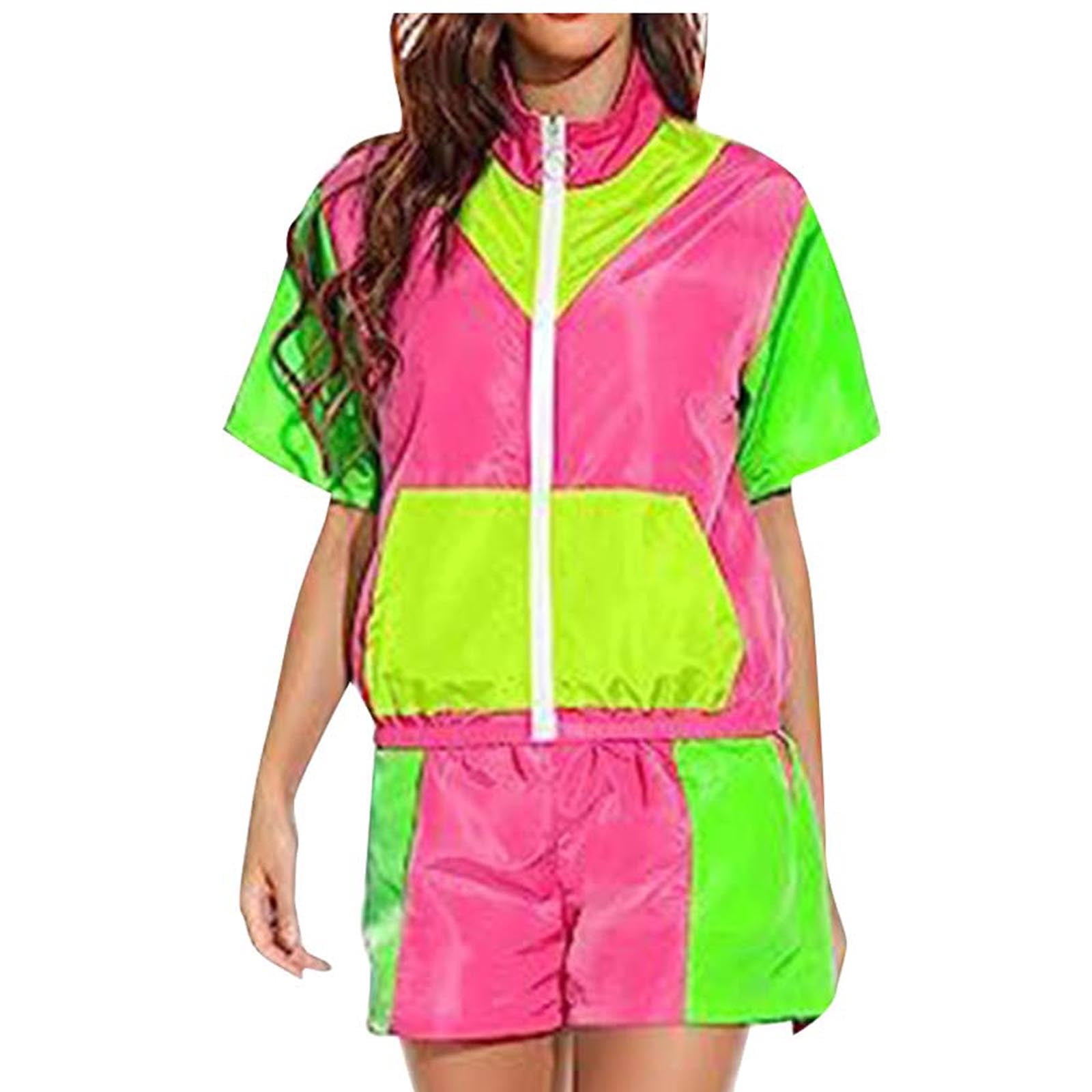 2 Piece Shorts Set for Women UinsexZip up Color Block Retro Disco Carnival Matching Sets Party Sportswear Outfits (XL, Pink)