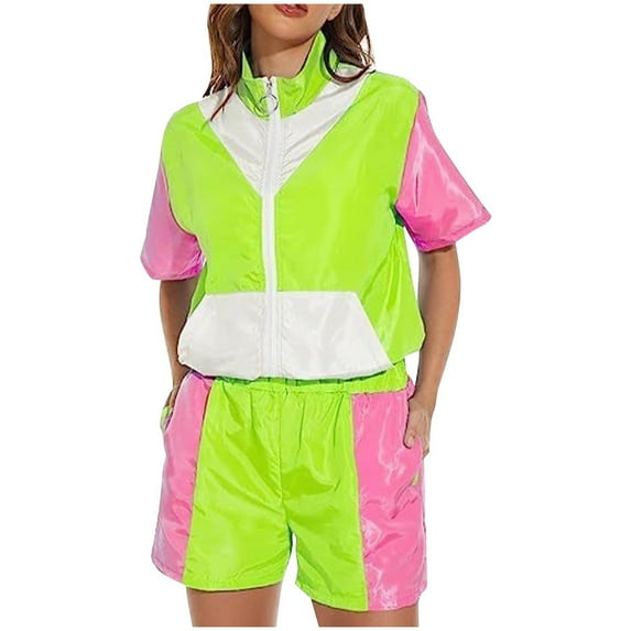 2 Piece Shorts Set for Women and Men Zip up Color Block Retro Disco Carnival Matching Sets Party Sportswear Outfits (XL, Green)