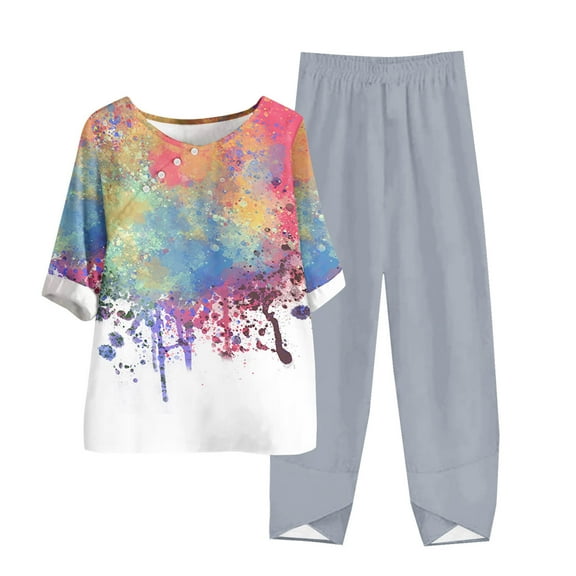 2 Piece Shorts Sets for Women Casual Women Two Piece Outfits Sets Fall Pants Women's Casual Round Neck 5/4 Sleeve Top And Pants Digital Printing Two-piece Set