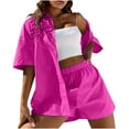 thumbnail image 1 of 2 Piece Shorts Sets for Women Fashion Summer Short Sleeve Button Up Shirt and Elastic Waist Short Lounge Outfits (L, Hot Pink), 1 of 4