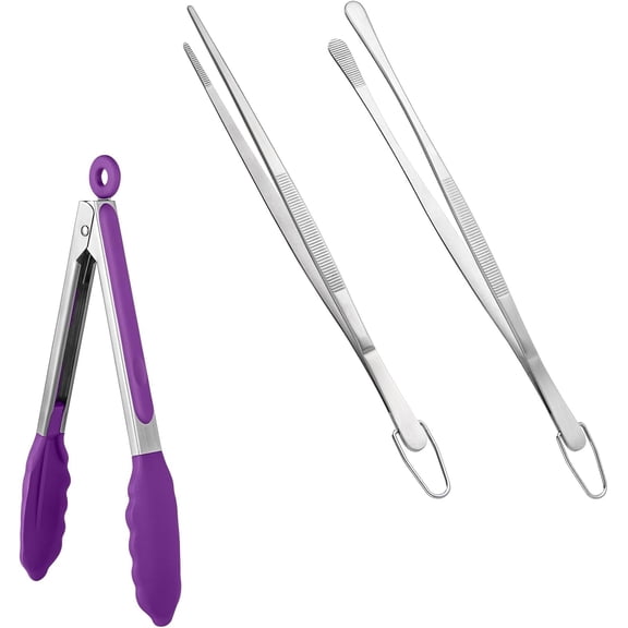 2 Piece Silicone Cooking Tong Kitchen Tweezer Set 9 Inch 600F Heat Resistant Non Stick Purple