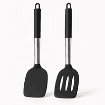 2-Piece Silicone Spatula Set, Heat Resistant Non-stick Turner Set with Solid & Slotted Spatula, BPA-Free Kitchen Utensils, Easy to Clean Silicone Cooking Tools (Black)