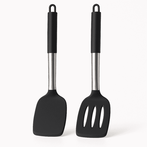 2-Piece Silicone Spatula Set, Heat Resistant Non-stick Turner Set with Solid & Slotted Spatula, BPA-Free Kitchen Utensils, Easy to Clean Silicone Cooking Tools (Black)