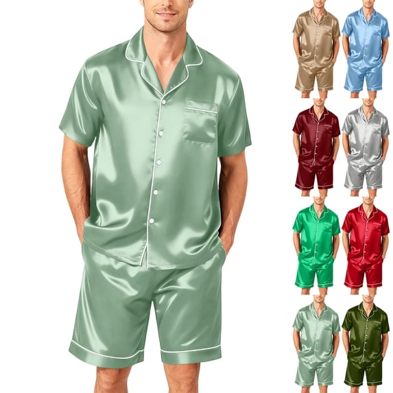 2 Piece Silk Sets for Men Satin Set Button Down Set Loungewear Light Blue M