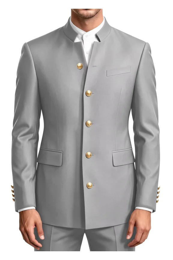 2 Piece Silver Men's Chinese Suit Chinese Stand Collar Slim Fit Suits Front Button Blazer Pant Set Prom Party Wedding,M