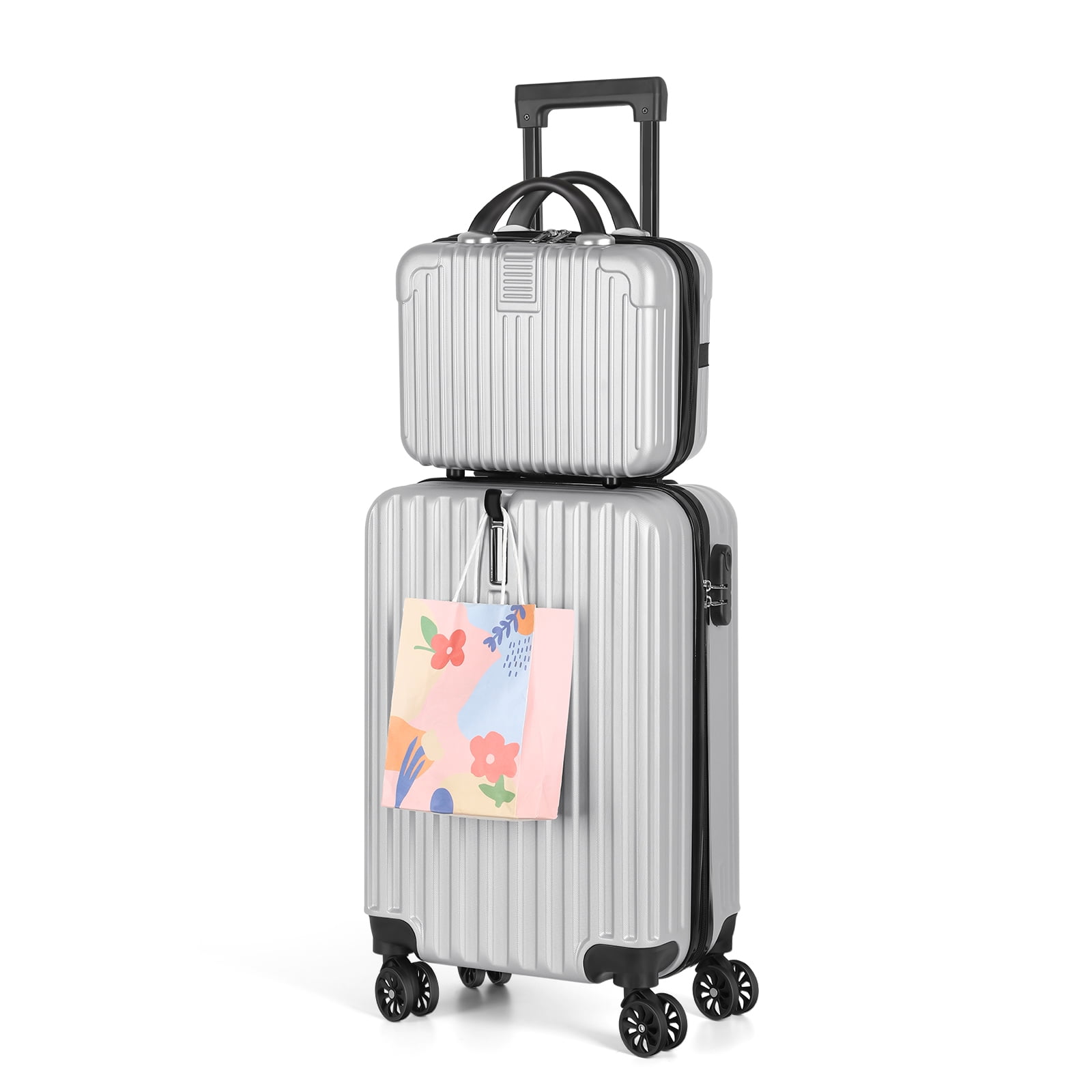 2-Piece Silver PC Luggage Set with 14" Cosmetic Case, 20" Hardside Spinner Suitcase Made of Premium Polycarbonate, Lightweight Travel Bag with TSA Lock for Business & Leisure