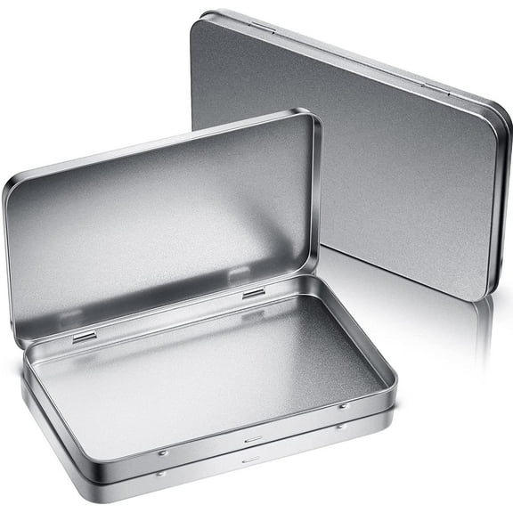 2 Piece Silver Rectangular Metal Tin Box With Hinged Lid Empty Storage Container Craft Organizer
