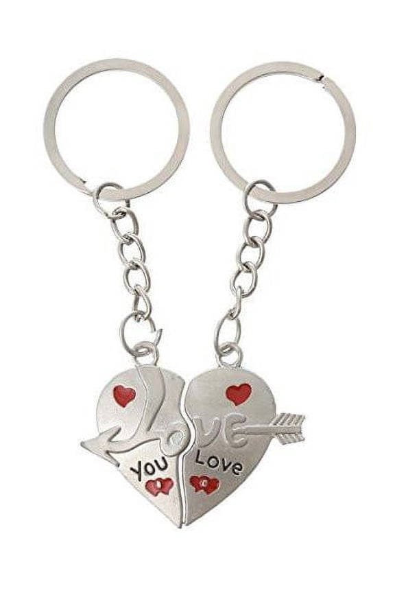 2 Piece Silver Tone Arrow Through Heart Love you Carved Enamel Red Black Key Chain