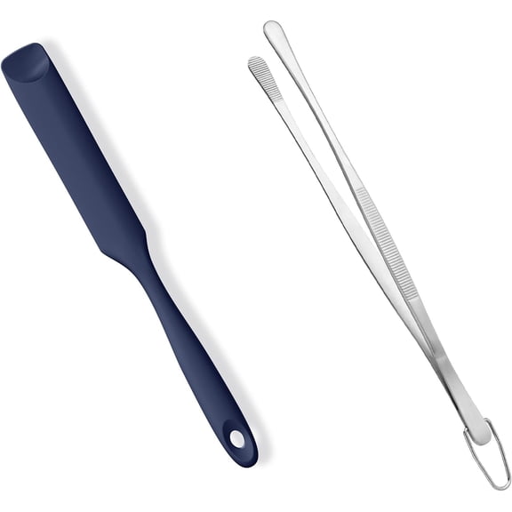 2 Piece Skinny Silicone Jar Spatula Kitchen Tweezer Set 600F Heat Resistant 10 Inch Round Tip Midnight Blue