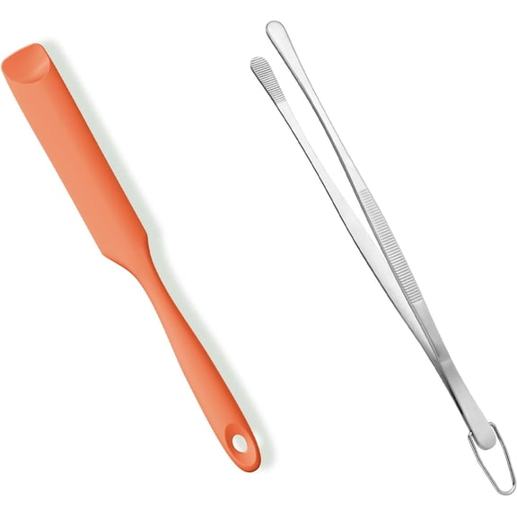 2 Piece Skinny Silicone Jar Spatula Kitchen Tweezer Set 600F Heat Resistant 10 Inch Round Tip Orange