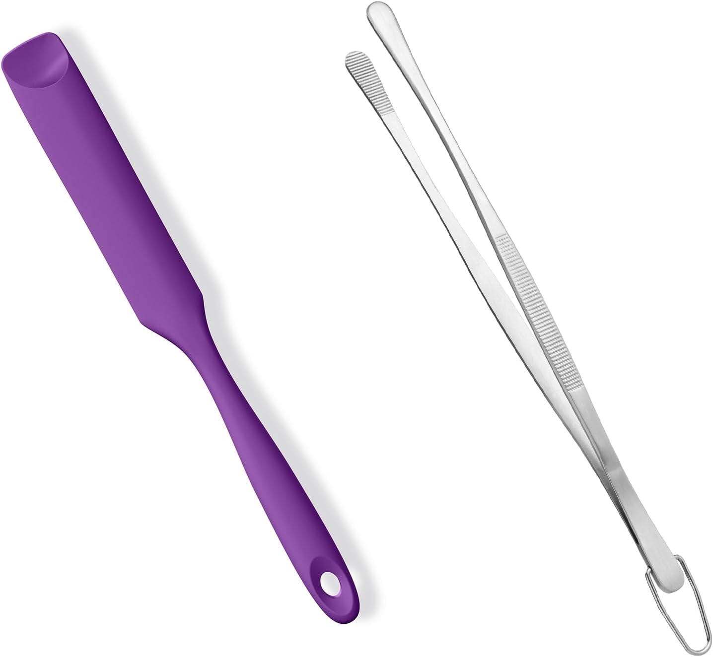2 Piece Skinny Silicone Jar Spatula Kitchen Tweezer Set 600F Heat Resistant 10 Inch Round Tip Purple