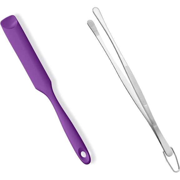 2 Piece Skinny Silicone Jar Spatula Kitchen Tweezer Set 600F Heat Resistant 10 Inch Round Tip Purple