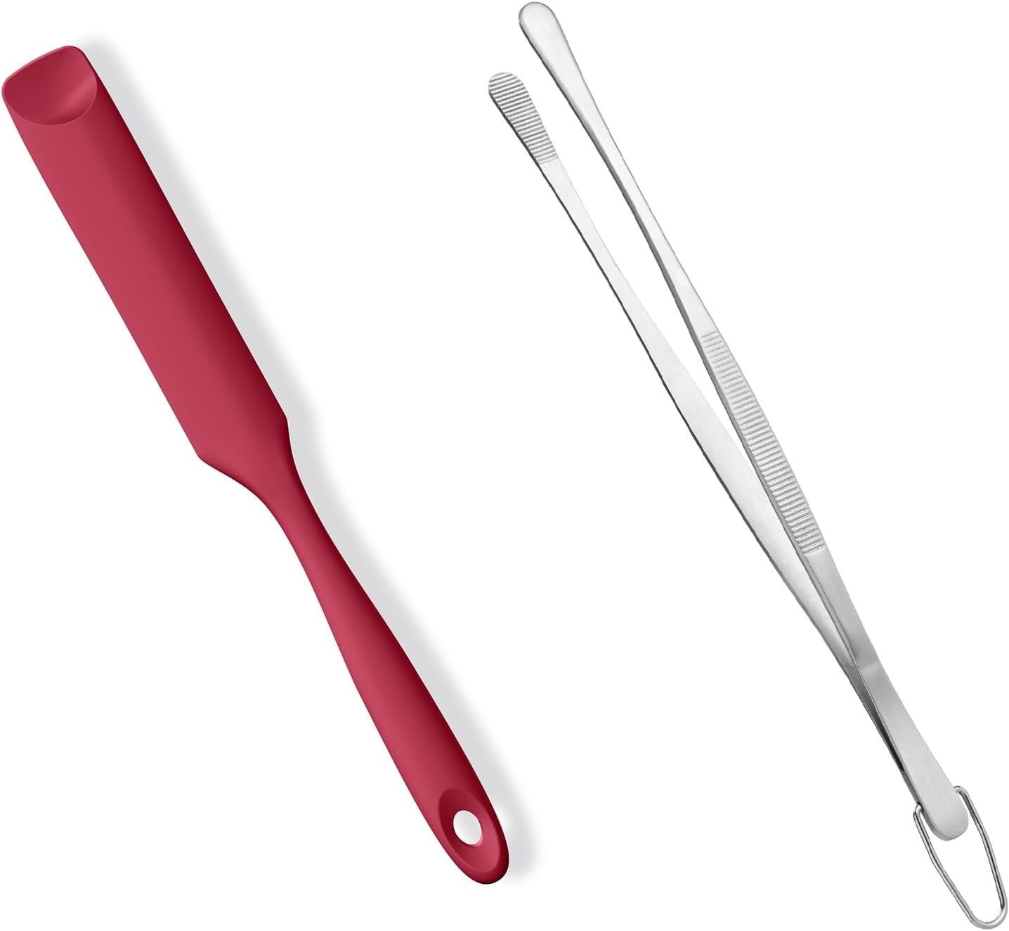 2 Piece Skinny Silicone Jar Spatula Kitchen Tweezer Set 600F Heat Resistant 10 Inch Round Tip Red