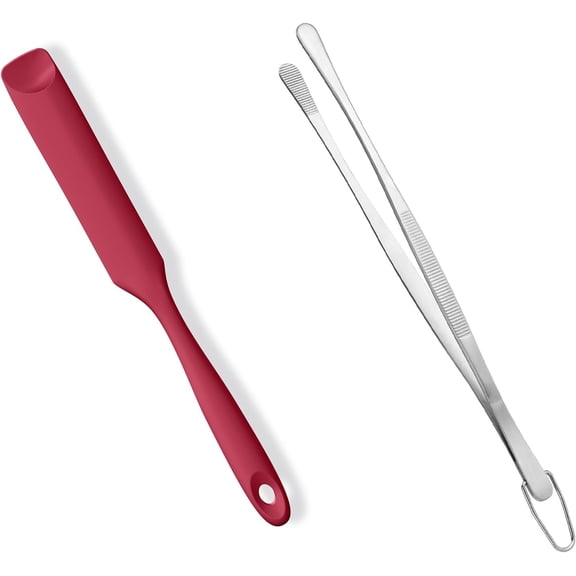 2 Piece Skinny Silicone Jar Spatula Kitchen Tweezer Set 600F Heat Resistant 10 Inch Round Tip Red