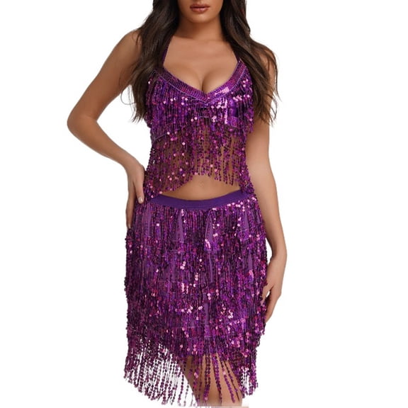 2 Piece Skirt Set Belly Dance Performance Jazz Sleeveless Solid Tassel Top Skirt Suit Womens Summer Outfits Purple M