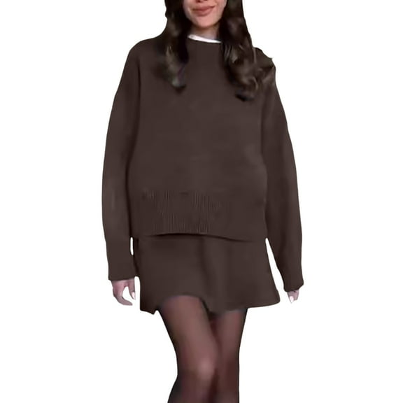 2 Piece Skirt Set Crew Neck Long Sleeve Solid Sweater Tops Skirt Casual Suit Summer Outfits for Women Coffee L