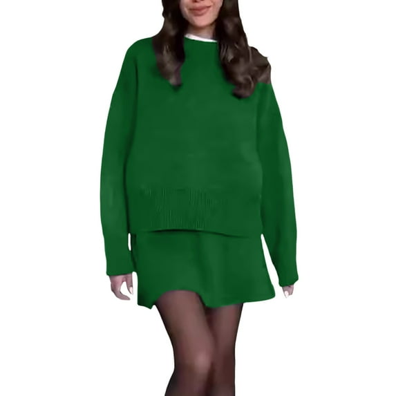 2 Piece Skirt Set Crew Neck Long Sleeve Solid Sweater Tops Skirt Casual Suit Womens 2 Piece Outfits Summer Green XXXL