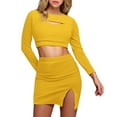 thumbnail image 1 of 2 Piece Skirt Set Temperament Long Sleeve Slim Solid Hollow Crop Top Slit Skirt Suit Summer Outfits for Women 2025 Yellow L, 1 of 5