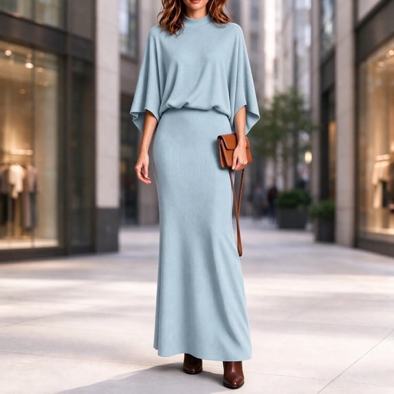 2-Piece Skirt Set for Women, Ribbed Knit Batwing Sleeve Crewneck Tops ...