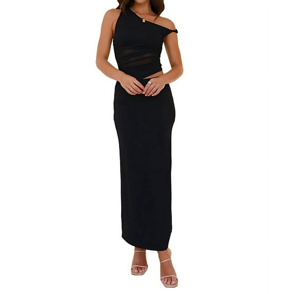 2 Piece Skirt Set for Women Summer Outfits Sleeveless Asymmetrical Mesh Tank Crop Top Maxi Long Skirts Black S