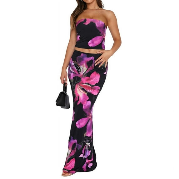 2 Piece Skirt Sets Women Summer, Floral Sleeveless Tube Top Bodycon Maxi Skirts Y2k Going Out Outfits Black L