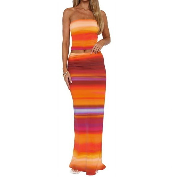 2 Piece Skirt Sets Women Summer, Floral Sleeveless Tube Top Bodycon Maxi Skirts Y2k Going Out Outfits Orange L