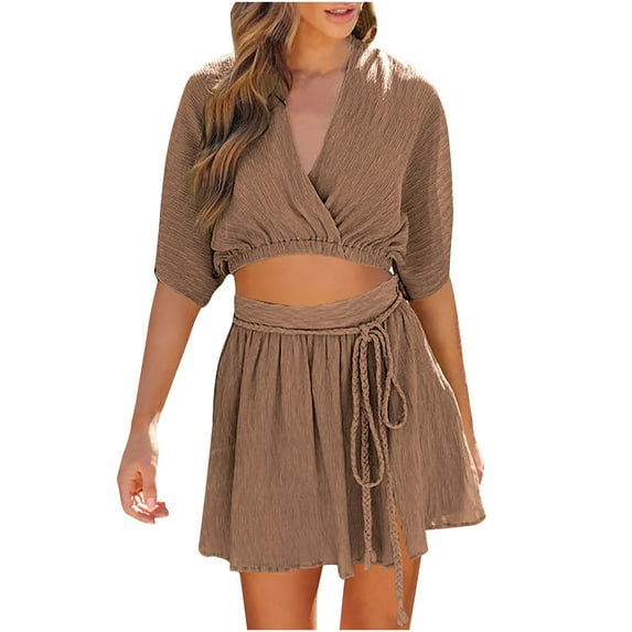 2 Piece Skirt Sets for Women Summer Plus Size Two Piece Outfits for Women Clothing Set Female V-Neck Short Sleeve Tops Pants Sets Full Pant Style S_934 Women's Tracksuits Coffee M