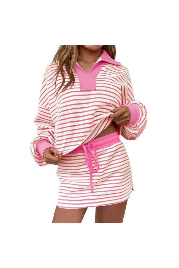 2 Piece Skirt Sets Women Striped Baggy Lapel V Neck Sweatshirt Elastic Waist Lounge Sweatsuits Skirted Outfits (L, Pink)
