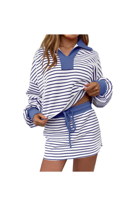 2 Piece Skirt Sets Womens Striped Baggy Lapel Pullover Sweatshirt Top Elastic Waist Mini Skirts Lounge Outfits (M, Blue)