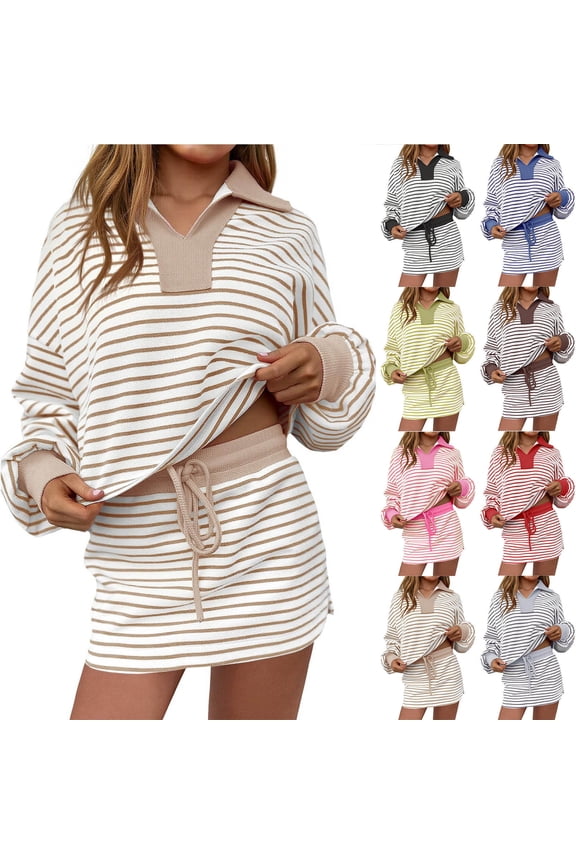 2 Piece Skirt Sets Womens Striped Baggy Lapel Pullover Sweatshirt Top Elastic Waist Mini Skirts Lounge Outfits (S, Khaki)