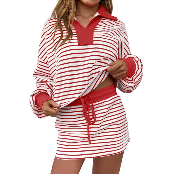 2 Piece Skirt Sets Women Striped Baggy Lapel V Neck Sweatshirt Elastic Waist Lounge Sweatsuits Skirted Outfits (XL, Red)