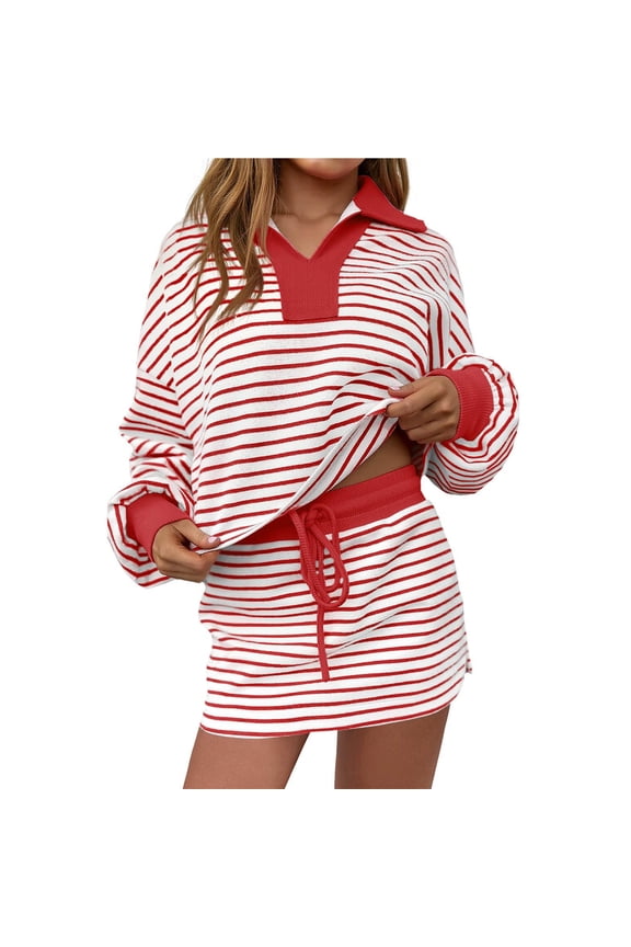 2 Piece Skirt Sets Women Striped Baggy Lapel V Neck Sweatshirt Elastic Waist Lounge Sweatsuits Skirted Outfits (XL, Red)