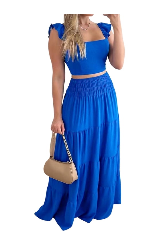 2 Piece Skirt Sets for Women 2025 Summer Spring Resort Vacation Curise Outfits Tank Top Maxi Skirt Set Royal Blue M