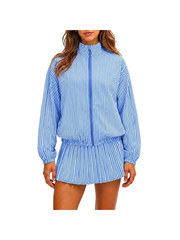 2 Piece Skirt Sets for Women Athletic Pleated Mini Skirts Matching Long Sleeve Zip Up Coats Striped Tennis Soft Fall 2026 Tracksuits Blue S