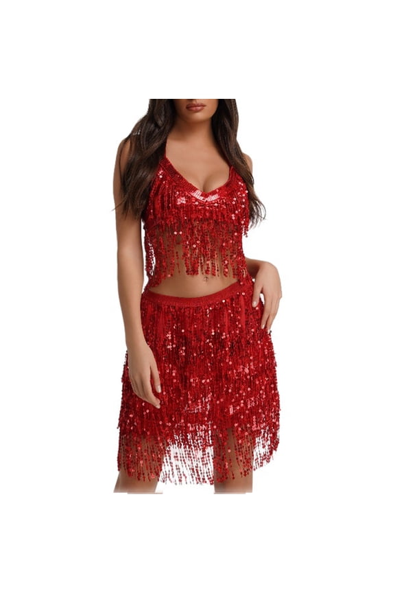 2 Piece Skirt Sets for Women Belly Dance Performance Jazz Sleeveless Solid Tassel Top Skirt Suit Summer Sets Women 2 Piece Outfits Red L