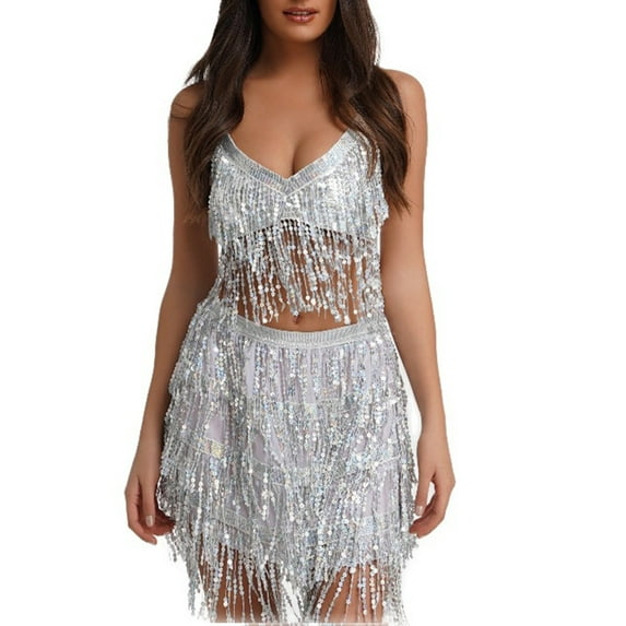 2 Piece Skirt Sets for Women Belly Dance Performance Jazz Sleeveless Solid Tassel Top Skirt Suit Womens Summer Outfits Silver L