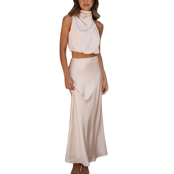 2 Piece Skirt Sets for Women Formal Satin Neck Sleeveless Solid Flowy Maxi Tank Top and Skirt Summer Sets Women 2 Piece Outfits Pink L