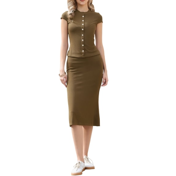 2 Piece Skirt Sets for Women Knit Cap Sleeve Button Down Top Bodycon Skirt Knit Dresses XL Brown