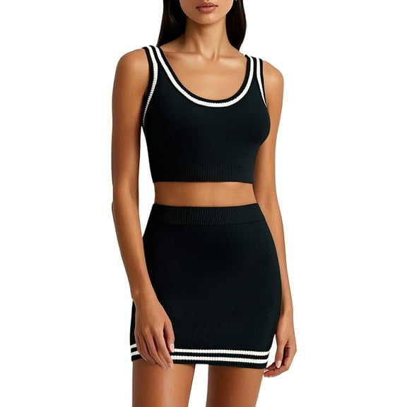 2 Piece Skirt Sets for Women Knitted Color Block Tennis Skirt and Texture Outdoor Sports Suit Summer Sets Women 2 Piece Outfits Black S