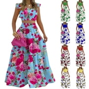 2 Piece Skirt Sets for Women Smocked Waist Floral Tiered Maxi Skirt Set and Cute Crop Tank Top Spring Easter Outfits Blue L
