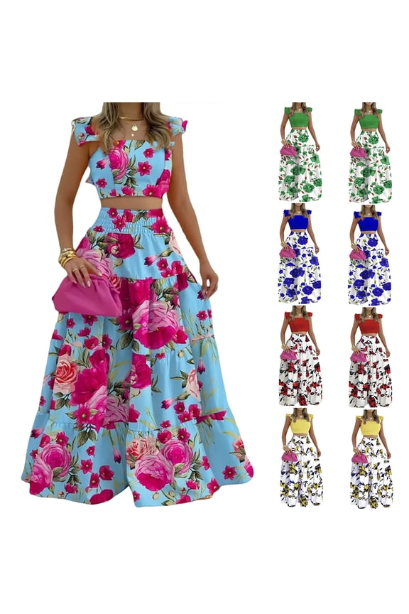 2 Piece Skirt Sets for Women Smocked Waist Floral Tiered Maxi Skirt Set and Cute Crop Tank Top Spring Easter Outfits Green S
