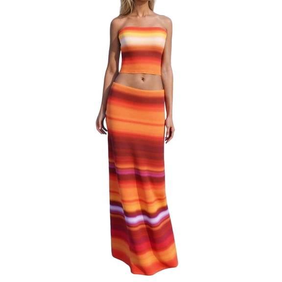 2 Piece Skirt Sets for Women Summer Floral Sleeveless Tube Top Bodycon Maxi Skirts Y2K Vacation Going Out Outfits Orange L