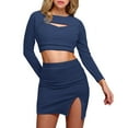 thumbnail image 1 of 2 Piece Skirt Sets for Women Temperament Long Sleeve Slim Solid Hollow Crop Top Slit Skirt Suit Summer Outfits for Women Blue XXXL, 1 of 5
