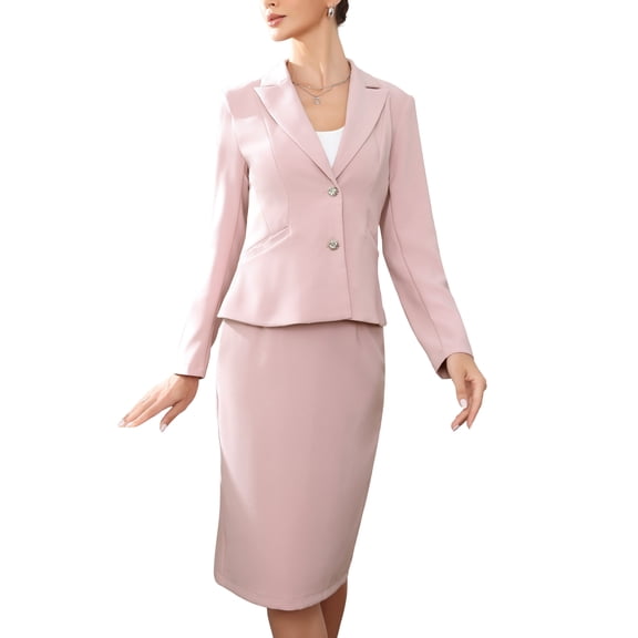 2 Piece Skirt Suit Set for Women Long Sleeve Blazer Pencil Skirt Formal Work Business Outfits M Pink