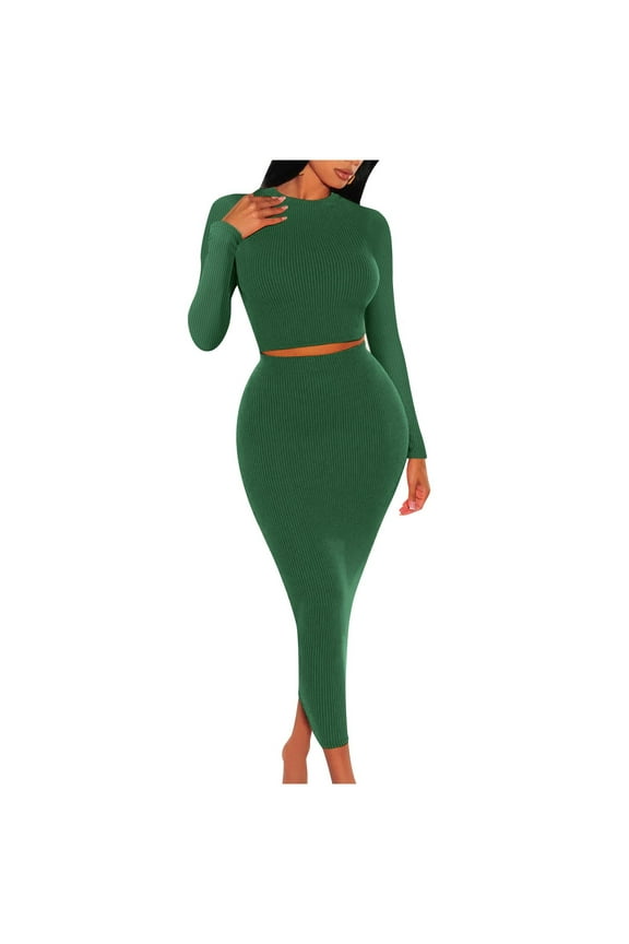 2 Piece Skirts Sets Womens Ribbed Casual Fall Outfits Slim Fit Crew Neck Long Sleeve Top and High Waist Maxi Skirt (L, Green)