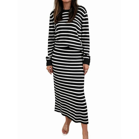 2 Piece Skirts Sets for Women Fall Fashion Striped Sweater Midi Dress Knit Lounge Travel Winter Clothes Black & White M
